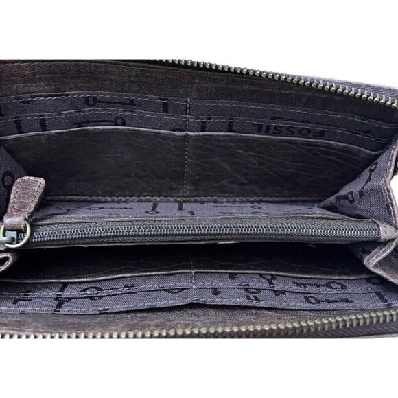Vintage Fossil Brown Leather Organizer Clutch Wallet Clear ID Zipper Bronze - Picture 3 of 8
